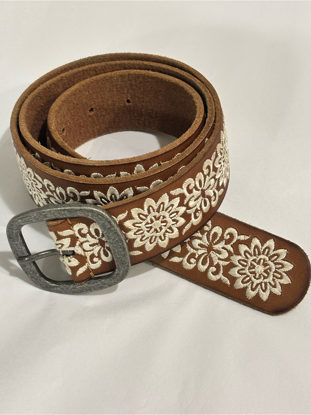 LUCKY BRAND Embroidered Brown Leather Belt Antiqued silver tone Buckle sz large